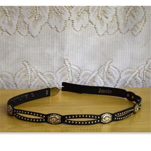 Womens Western Belt Size 32 Black Leather Silver Studded Concho Flowers Snap Off